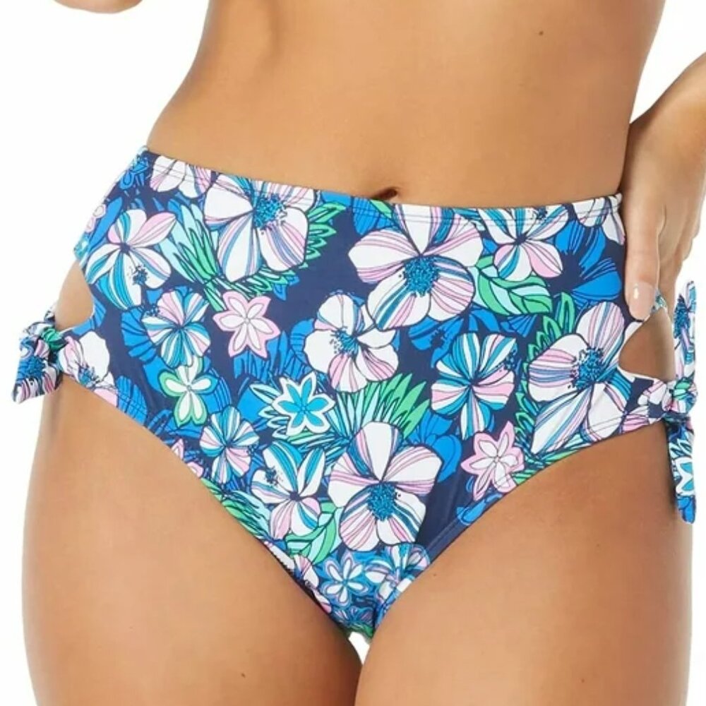 Sundazed Azure Tatum Floral-Print Tie Side High-Waist Bikini Bottom Blue XL